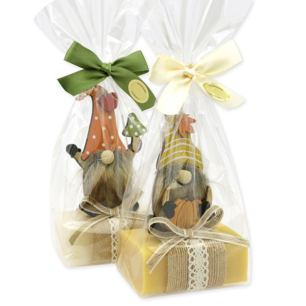 Sheep milk soap 100g decorated with a gnome in cellophane, Classic/Swiss pine 