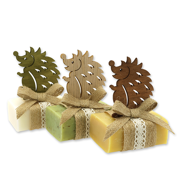 Schafmilchseife eckig 100g dekoriert mit Igel, sortiert 