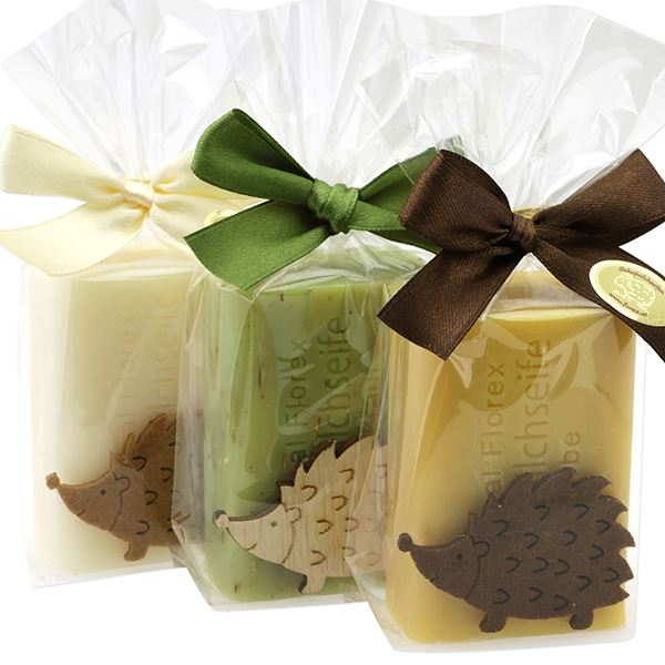 Schafmilchseife eckig 100g dekoriert mit Igel in Cello, sortiert 