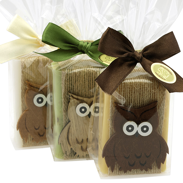 Schafmilchseife eckig 100g dekoriert mit Eule in Cello, sortiert 