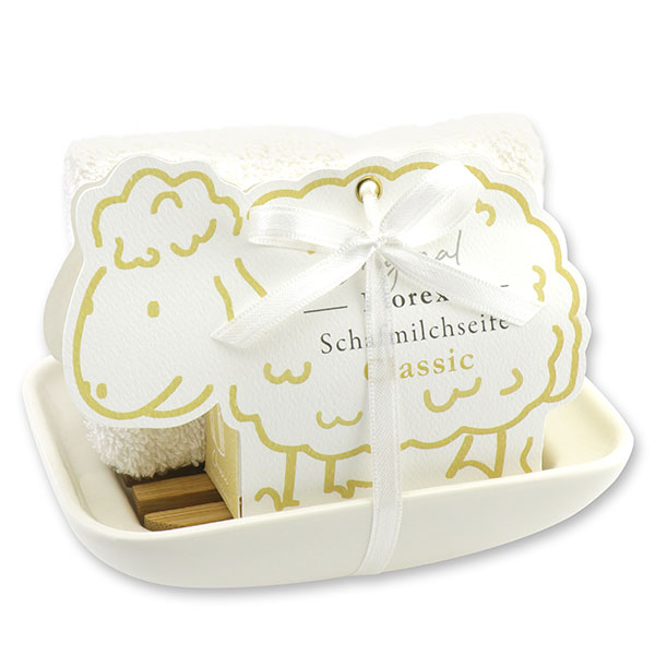 Soap dish porcelain, decorated with a sheep milk soap  100g, in a sheep paper box, Classic 