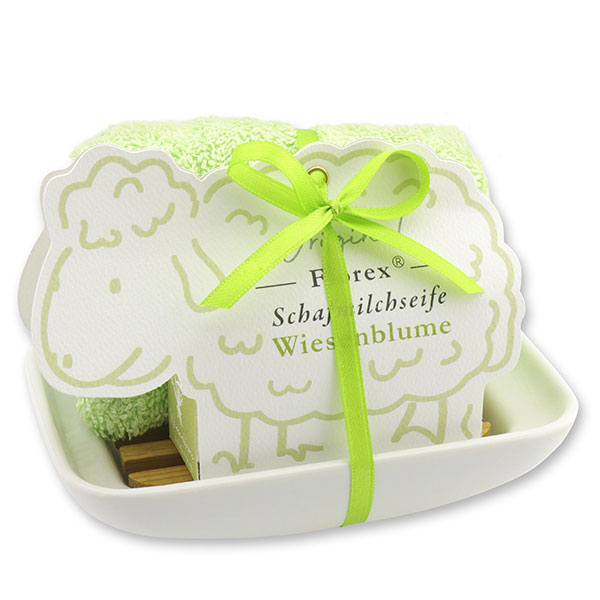 Seifenschale Porzellan, dekoriert mit Schafmilchseife 100g, in der Schäfchen-Schachtel, Wiesenblume 