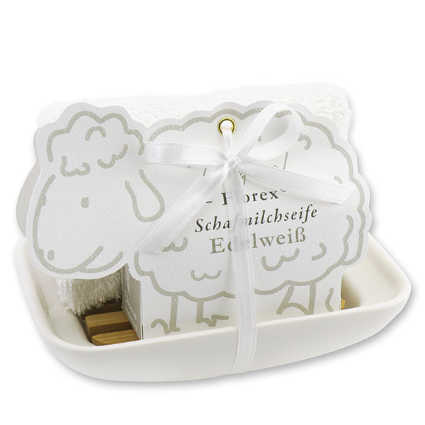 Soap dish porcelain, decorated with a sheep milk soap  100g, in a sheep paper box, Edelweiss 