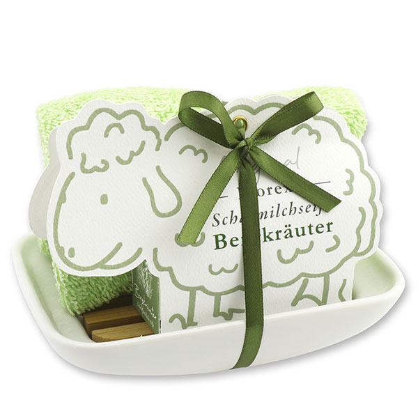Soap dish porcelain, decorated with a sheep milk soap  100g, in a sheep paper box, Mountain herbs 