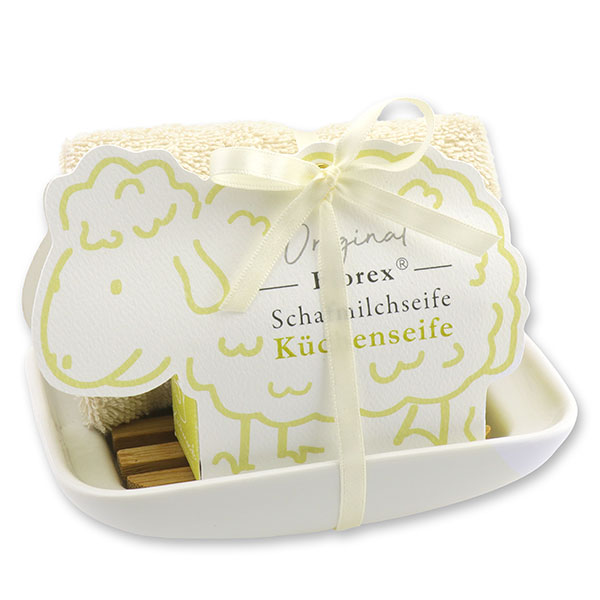 Soap dish porcelain, decorated with a sheep milk soap  100g, in a sheep paper box, Kitchen soap 