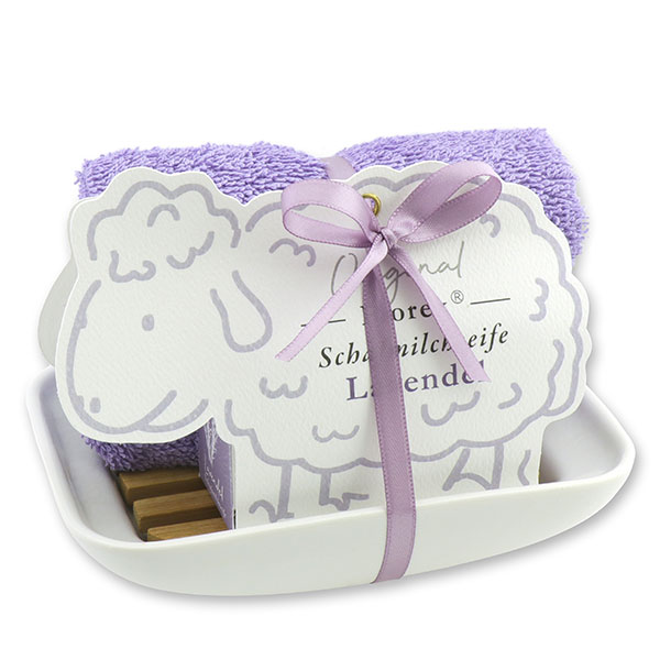 Soap dish porcelain, decorated with a sheep milk soap  100g, in a sheep paper box, Lavender 