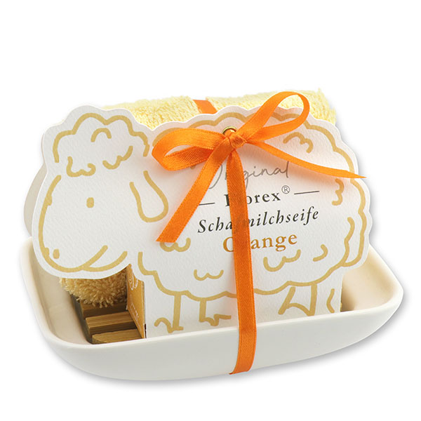Soap dish porcelain, decorated with a sheep milk soap  100g, in a sheep paper box, Orange 