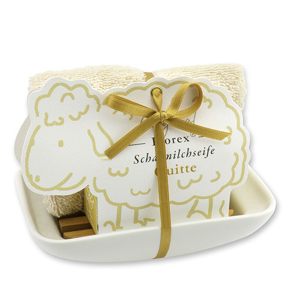 Soap dish porcelain, decorated with a sheep milk soap  100g, in a sheep paper box, Quince 