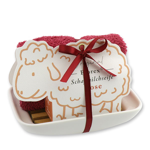 Soap dish porcelain, decorated with a sheep milk soap  100g, in a sheep paper box, Rose with petals 