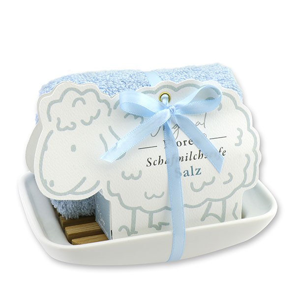 Soap dish porcelain, decorated with a sheep milk soap  100g, in a sheep paper box, Salt 