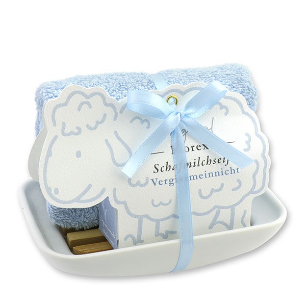 Soap dish porcelain, decorated with a sheep milk soap  100g, in a sheep paper box, Forget-me-not 