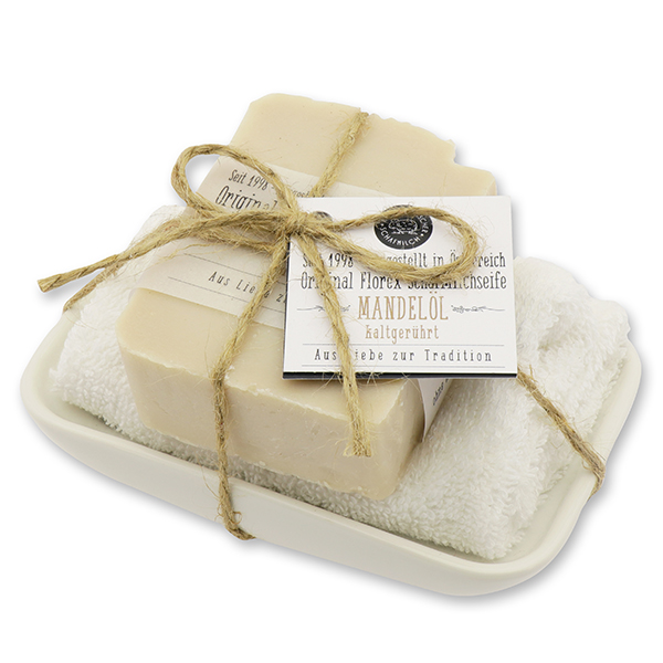 Seifen-Set kaltgerührt 150g Seifenschale in Cello "Aus Liebe zur Tradition", Mandelöl 