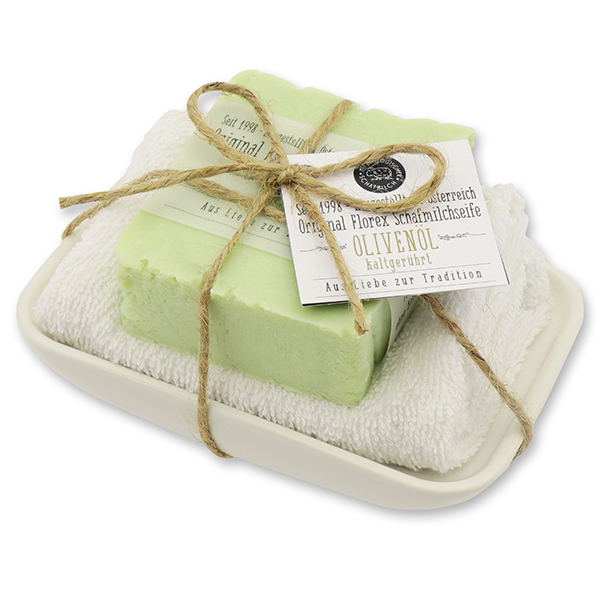 Seifen-Set kaltgerührt 150g Seifenschale in Cello "Aus Liebe zur Tradition", Olivenöl 