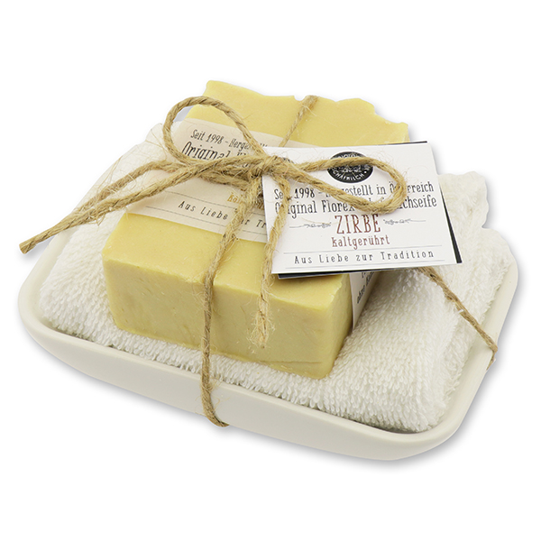 Seifen-Set kaltgerührt 150g Seifenschale "Aus Liebe zur Tradition", Zirbe 