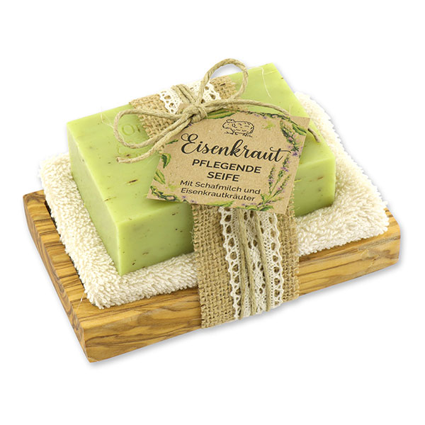 Sheep milk soap 150g on a olive wood soap dish "feel-good time", Verbena 