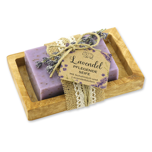 Schafmilchseife eckig 150g auf Olivenholz-Seifenschale "Wohlfühlzeit", Lavendel 