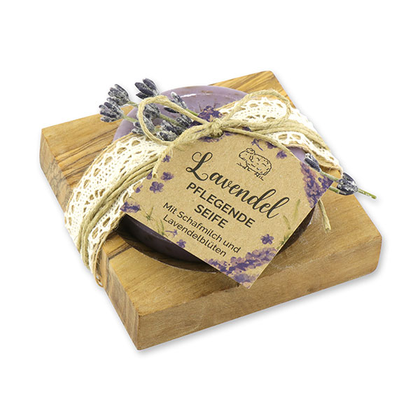Schafmilchseife rund 100g auf Olivenholz-Seifenschale "Wohlfühlzeit", Lavendel 