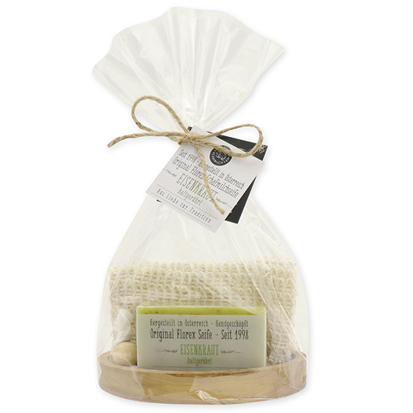 Cold-stirred sheep milk soap 100g in cellophane on a olivewood soap dish with the label, Verbena 