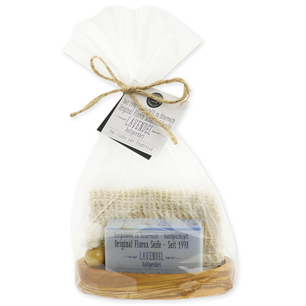 Kaltgerührte Seife eckig 100g auf Olivenholz-Seifenschale mit Waschbeutel in Cello, Lavendel 