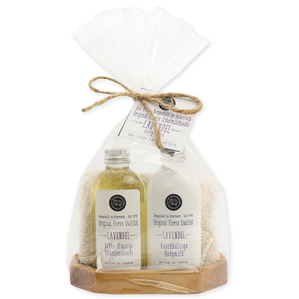 Echte flüssige Pflanzenölseife & Bodymilk 75ml auf Olivenholzschale mit Waschlappen, Lavendel 