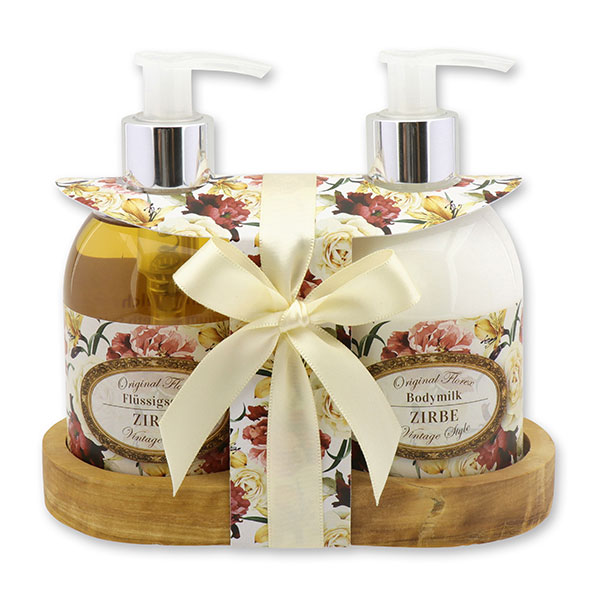 Body milk 250ml and liquid soap 250ml on a wooden shelf "Vintage motif 150", Swiss pine 