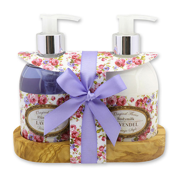 Body milk 250ml and liquid soap 250ml on a wooden shelf "Vintage motif 156", Lavender 
