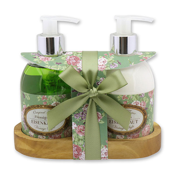 Body milk 250ml and liquid soap 250ml on a wooden shelf "Vintage motif 18", Verbena 