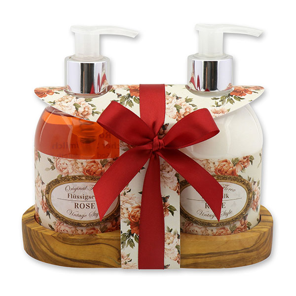 Body milk 250ml and liquid soap 250ml on a wooden shelf "Vintage motif 189", Rose 