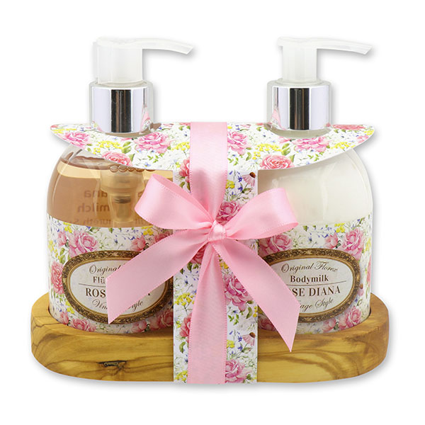 Bodymilk 250ml und Flüssigseife 250ml auf Holzablage "Vintage-Motiv 192", Rose Diana 