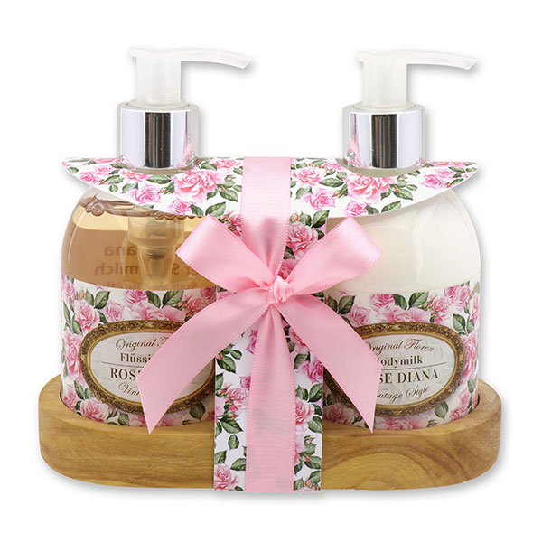 Body milk 250ml and liquid soap 250ml on a wooden shelf "Vintage motif 193", Rose Diana 