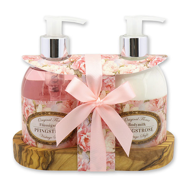 Body milk 250ml and liquid soap 250ml on a wooden shelf "Vintage motif 196", Peony 