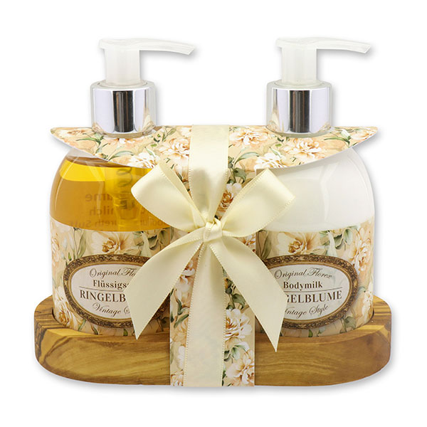 Bodymilk 250ml und Flüssigseife 250ml auf Holzablage "Vintage-Motiv 201", Ringelblume 