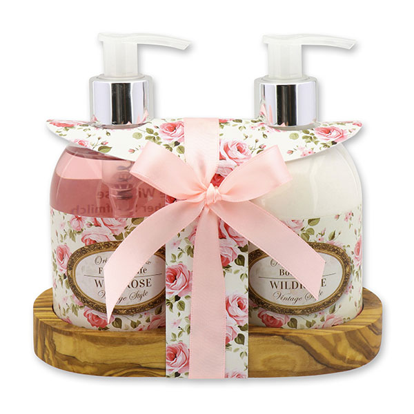 Body milk 250ml and liquid soap 250ml on a wooden shelf "Vintage motif 205", Wild rose 