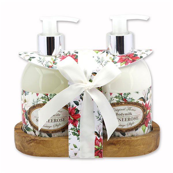 Body milk 250ml and liquid soap 250ml on a wooden shelf "Vintage motif 219", Christmas rose white 