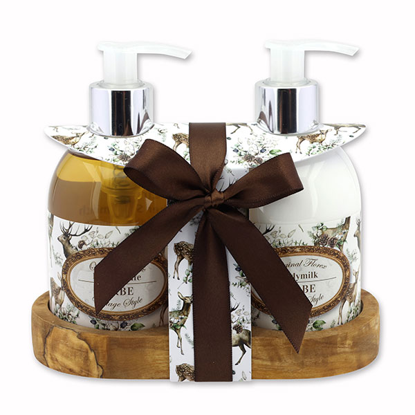 Body milk 250ml and liquid soap 250ml on a wooden shelf "Vintage motif 223", Swiss pine 