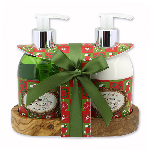 Body milk 250ml and liquid soap 250ml on a wooden shelf "Vintage motif 86", Verbena 