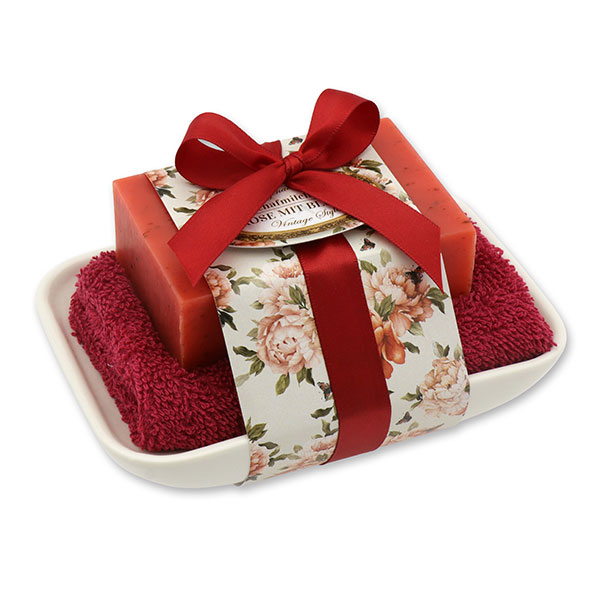 Sheep milk soap 150g on soap dish "Vintage motif 189", Rose with petals 