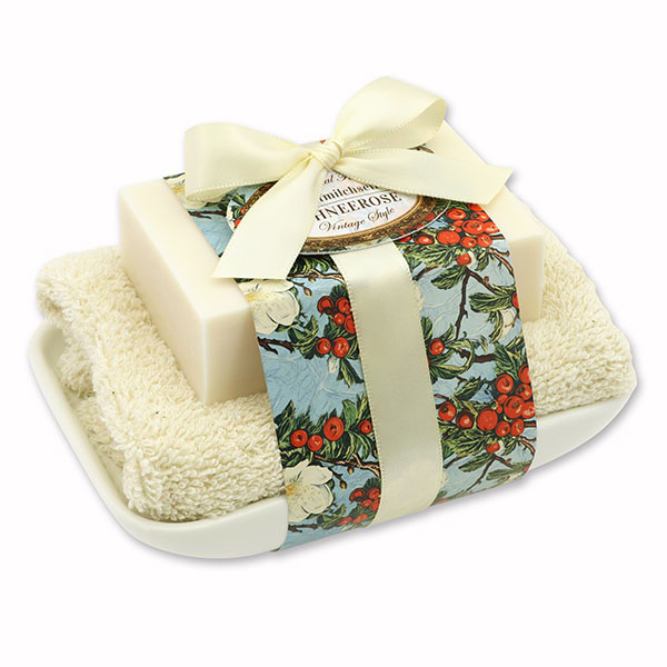Sheep milk soap 150g on soap dish "Vintage motif 209", Christmas rose white 