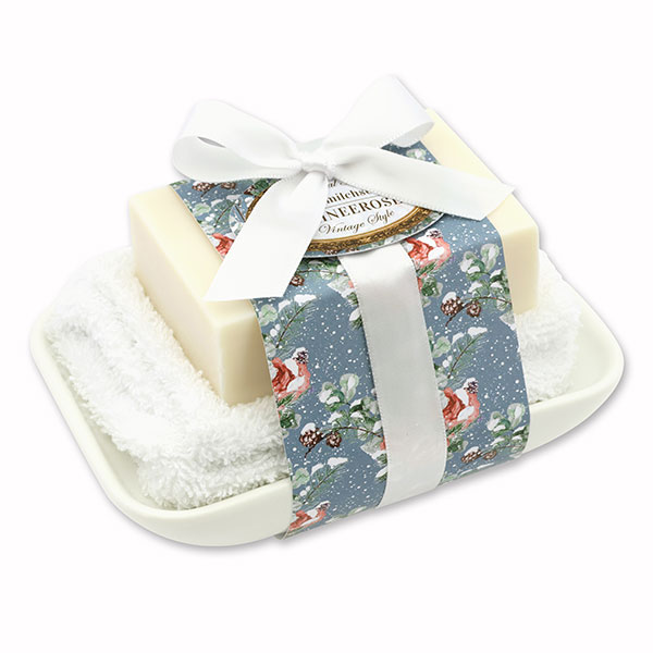 Sheep milk soap 150g on soap dish "Vintage motif 211", Christmas rose white 