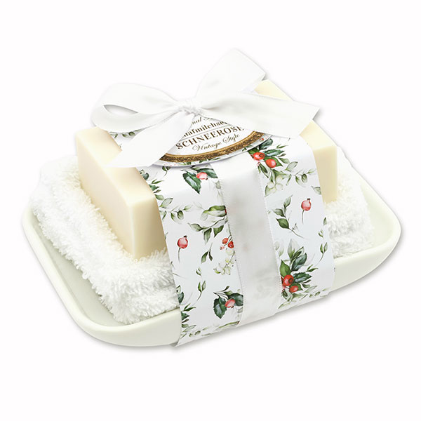 Sheep milk soap 150g on soap dish "Vintage motif 218", Christmas rose white 
