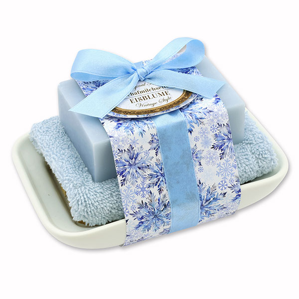Sheep milk soap 150g on soap dish "Vintage motif 220", Ice flower 