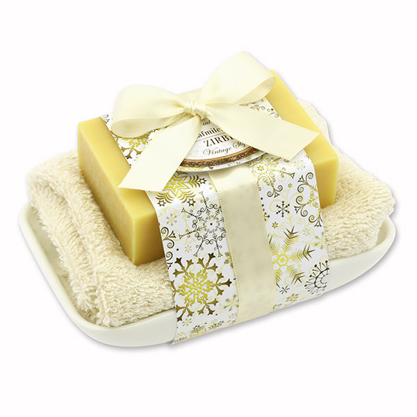 Sheep milk soap 150g on soap dish "Vintage motif 93", Swiss pine 