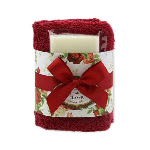 Schafmilchseife 35g und Waschtuch 30x30cm bordeaux "Vintage-Motiv 140", Classic 