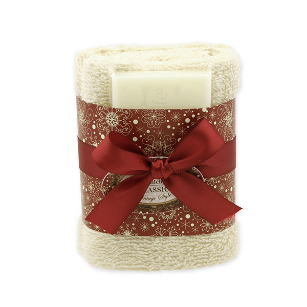 Schafmilchseife 35g und Waschtuch 30x30cm creme "Vintage-Motiv 182", Classic 