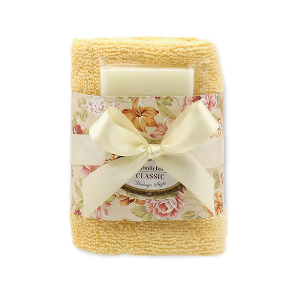 Sheep milk soap 35g and towel 30x30cm light orange "Vintage motif 20", Classic 