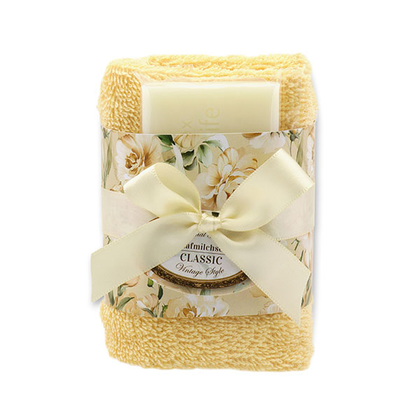 Sheep milk soap 35g and towel 30x30cm light orange "Vintage motif 201", Classic 