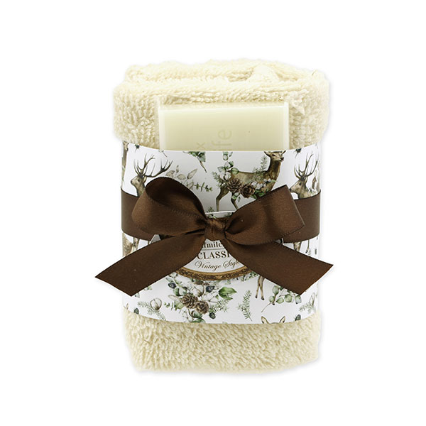 Sheep milk soap 35g and towel 30x30cm cream "Vintage motif 223", Classic 