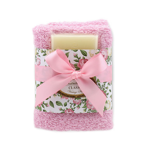 Sheep milk soap 35g and towel 30x30cm light pink "Vintage motif 76", Classic 