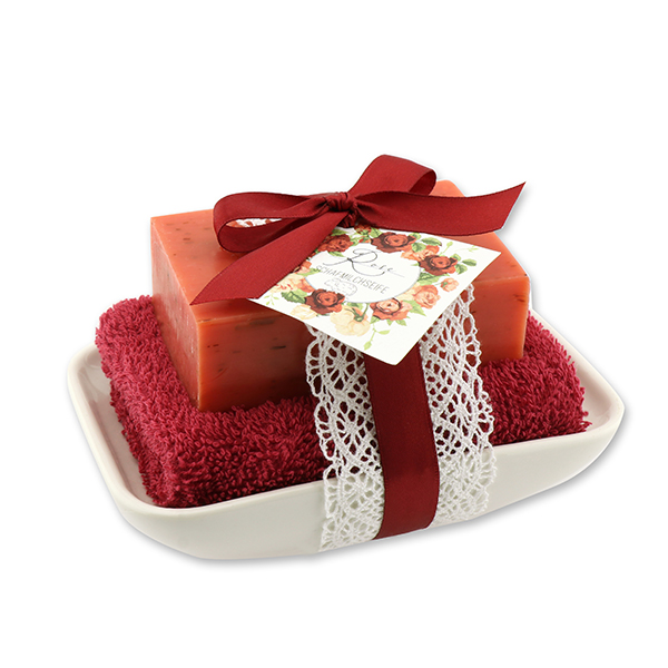 Schafmilchseife eckig 150g auf Seifenschale "Einzigartige Augenblicke", Rose 