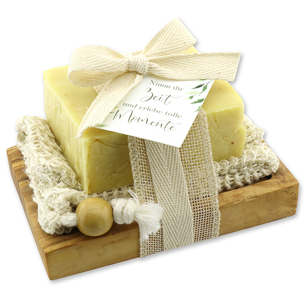 Cold-stirred sheep milk soap 150g packed in a soap holder "Nimm dir Zeit...", Lemongrass 